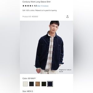 Uniqlo, Corduroy Work Long-Sleeve Shirt, Navy, Small, Brand New without Tags
